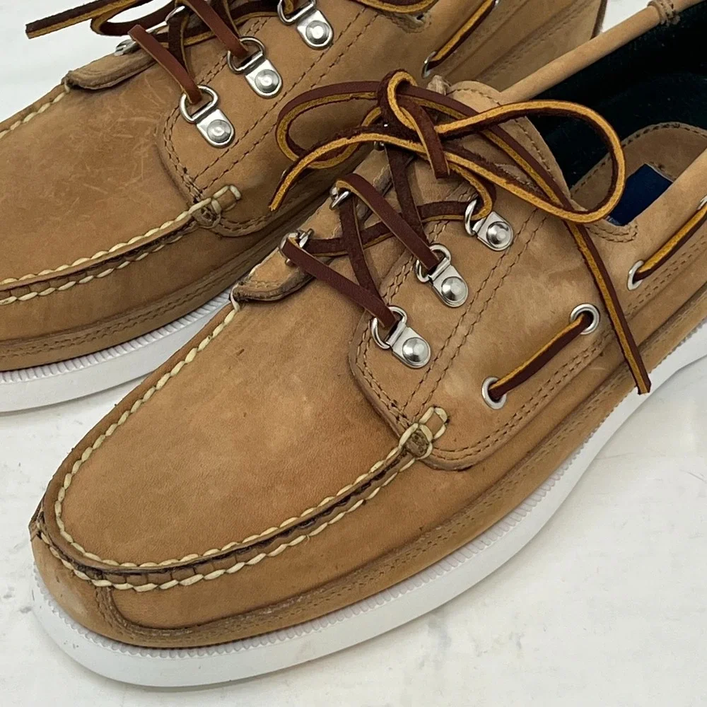 Polo Sport‎ Ralph Lauren Boat Shoes Tan Leather Moc Toe Beige Men's 8.5D VTG NEW